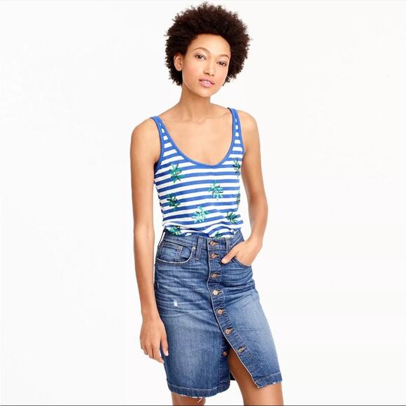 New J.Crew Striped tank top w/ sequin palm leaves BRILLIANT SAPPHIRE IVORY G4869 - Picture 1 of 8